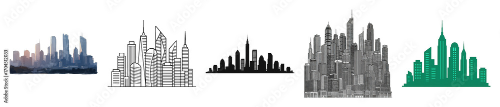 Fototapeta premium Cityscape set including stylized, outline, silhouette, detailed, and vector illustrations isolated. Urban design and graphic elements.