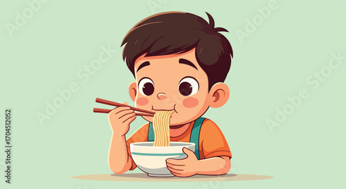 A cute cartoon boy happily eating a bowl of noodles.