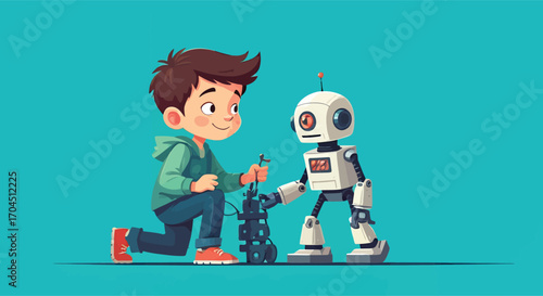 A young boy carefully assembles his small robot friend.