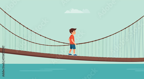 A young boy carefully walks across a long suspension bridge.
