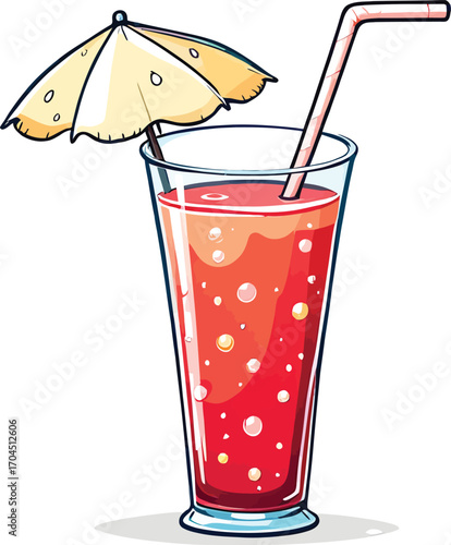 Cartoon illustration of a refreshing red cocktail with an umbrella.