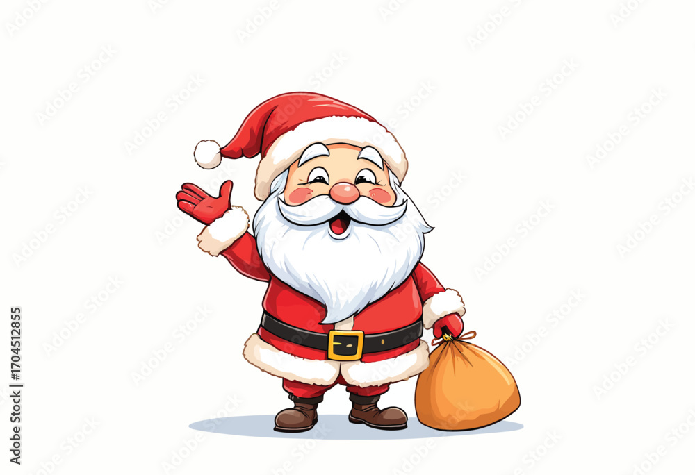 Obraz premium Cheerful Cartoon Santa Claus Waving with a Sack of Gifts.