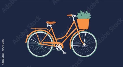 Classic Orange Cruiser Bicycle with a Basket of Plants.