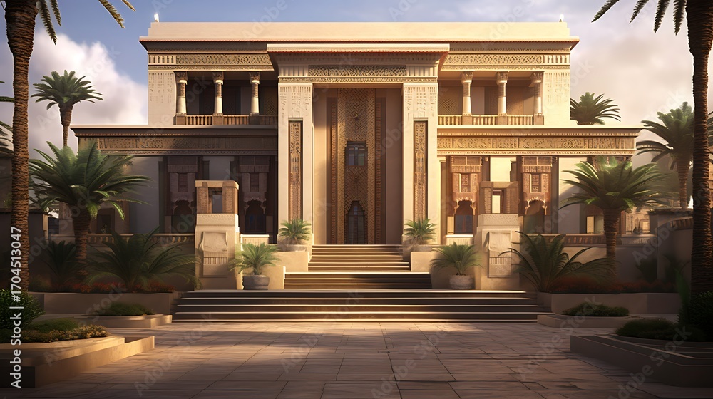 Obraz premium Elegant architectural design exhibiting ancient Egyptian influences and a tranquil courtyard setting