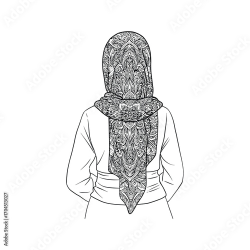 Woman in Ornate Mandala Hijab Back View Black and White Line Art Islamic Fashion Coloring Page