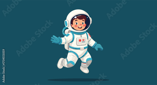 Cute cartoon child astronaut floating in a spacesuit.