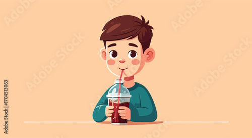 Cute cartoon boy with brown hair drinking a soda.