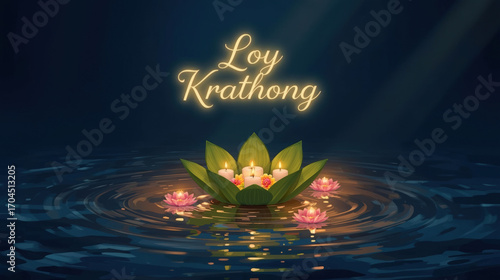 Serene Loy Krathong Festival: Illuminated Floating Lotus Lanterns on Calm Water at Night