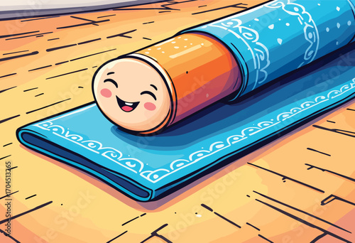 Cute cartoon yoga mat with a happy smiling face.