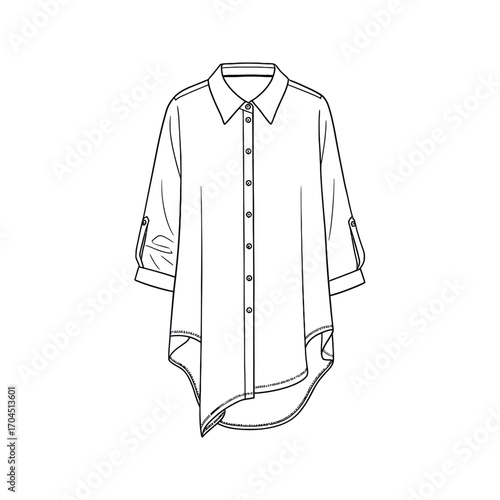 Womens Asymmetrical Hem ButtonDown Shirt Technical Drawing Fashion Design Template