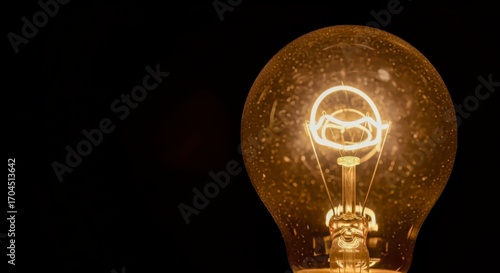 Glowing Lightbulb with Filament Illuminated Against Dark Background Symbolizing Ideas