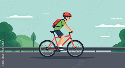 Man wearing a helmet and backpack riding a red bicycle.