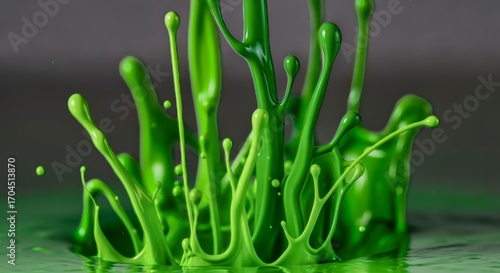 Green paint splashes in abstract style, dynamic liquid art, cool shapes on gray background