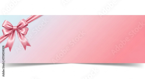 Pink ribbon on the corner of a blank card isolated on white background