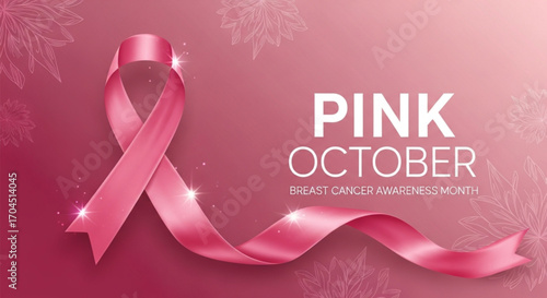 Pink ribbon on pink background for breast cancer awareness in october month