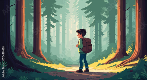 Young adventurous boy with a backpack standing on a forest path.