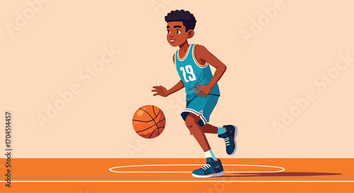 Young African American boy dribbling a basketball in a teal jersey.