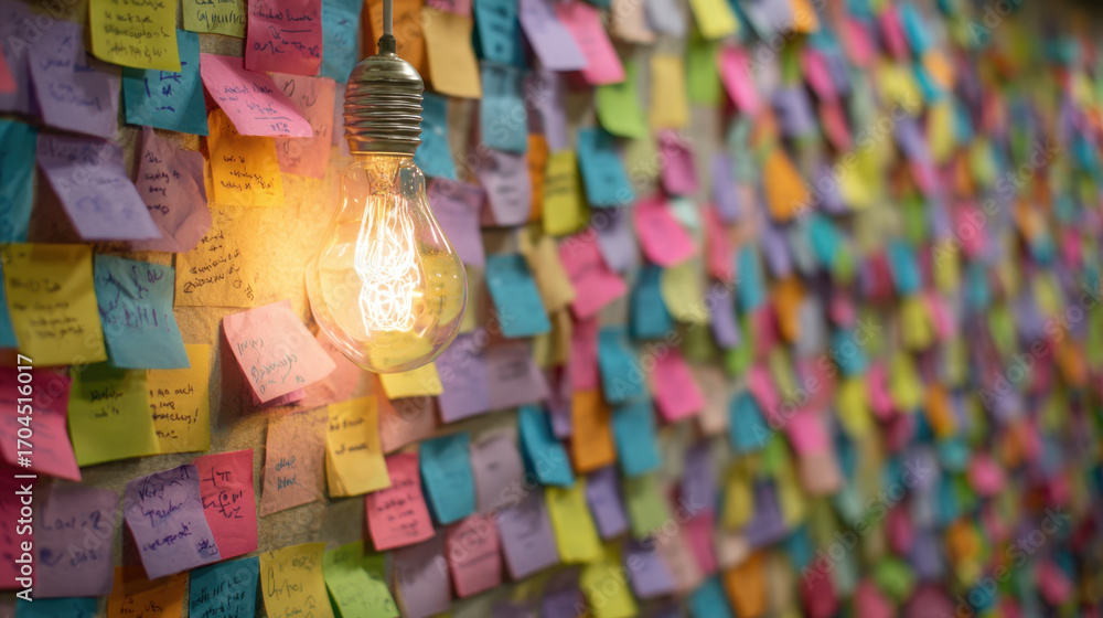 Fototapeta premium Colorful sticky notes cover wall, creating vibrant and creative atmosphere. glowing light bulb hangs nearby, illuminating notes and enhancing lively environment