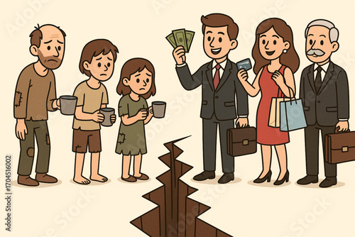 Cartoon social inequality vector illustration with rich and poor people divided by gap