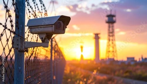 Surveillance camera atop a wired fence against a sunset backdrop, suggesting security and observation. Tall structures in distance
