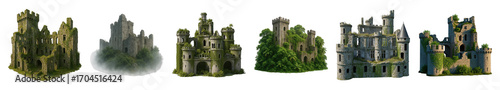 Ruined castle set including medieval, ancient, fantasy, overgrown, and misty styles isolated. Historical, fantasy, or game asset collection.