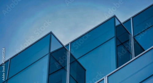Modern Architectural Design: Glass Facade Building Against a Clear Sky Backdrop