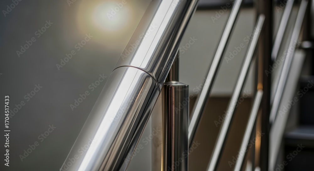 Obraz premium Modern Stainless Steel Staircase Railing Details Metallic Architectural Design Close Up