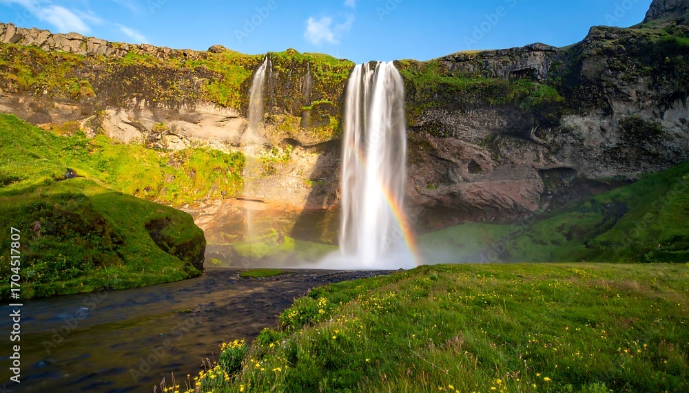 Obraz premium Majestic Waterfall cascading down mossy cliffs in Iceland.