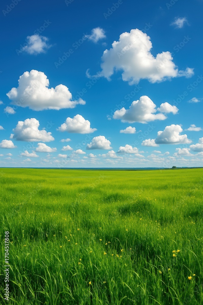 Obraz premium Vibrant summer meadow with emerald grass field under brilliant azure sky dotted with fluffy white cumulus clouds panoramic view