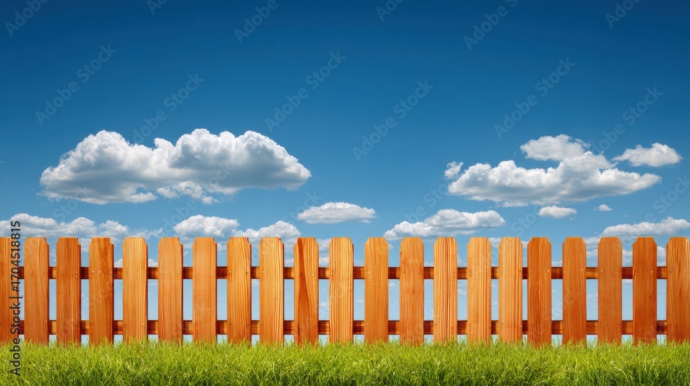 Fototapeta premium Wooden Fence Separating Green Grass Under a Blue Sky With White Clouds During the Daytime