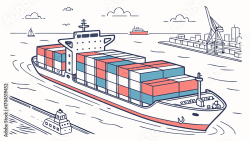 Cargo container ship transporting goods across the ocean for international trade and global maritime transport