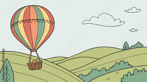 Hot air balloon ride over green hills scenic landscape vector illustration drawing for travel and adventure 100