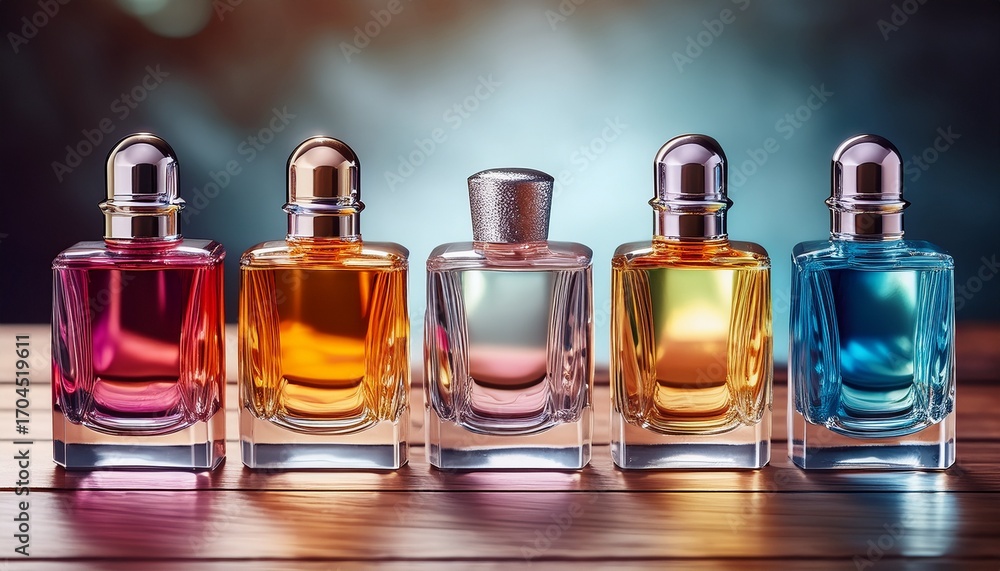 Naklejka premium Colorful Glass Perfume Bottles On Wooden Surface With Silver Caps