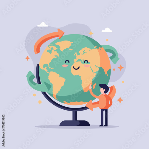 Vector illustration of a cute, smiling Earth globe and a person, representing international travel, education, and environmental awareness