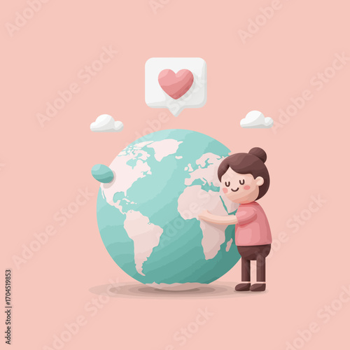 A charming 3D illustration of a young woman tenderly hugging the planet Earth, symbolizing love, care, and global conservation