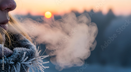 Fototapeta Naklejka Na Ścianę i Meble -  Close up of a person exhaling visible steam in frosty winter air against a blurred sunset landscape evoking coldness and crisp atmosphere