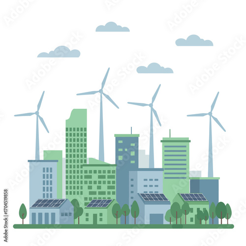 Eco-friendly city concept with modern architecture, wind turbines, and solar panels for clean, sustainable power generation