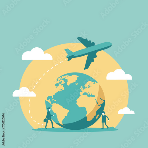A vector illustration of a world globe adorned with diverse national flags, symbolizing global unity, international relations, and cultural diversity