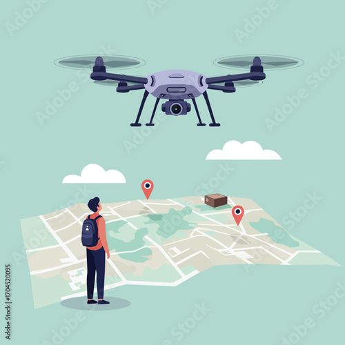 Explorer using a modern drone for precise navigation and package delivery, observing a detailed digital map with location markers