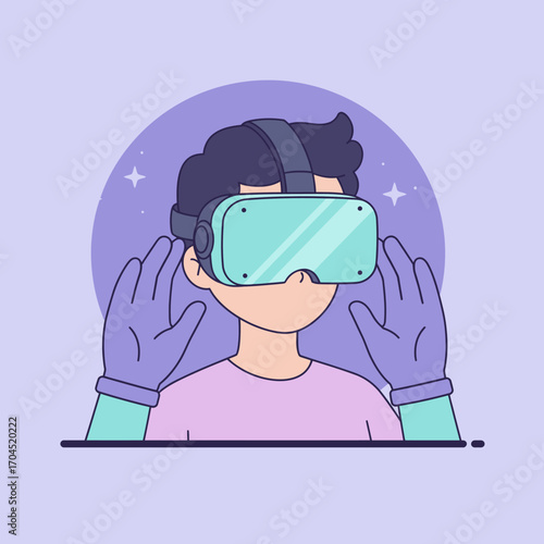 Immersive Virtual Reality Experience Person wearing VR headset and gloves exploring digital worlds