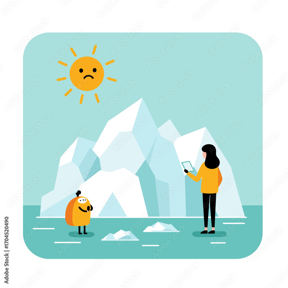 Fototapeta premium Climate Change Concerns Person and Creature Observe Melting Iceberg Under the Sun