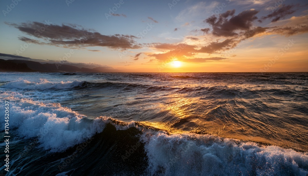 Fototapeta premium Close Up Of Ocean Waves With A Sunset In The Background Creating A Serene And Peaceful Atmosphere