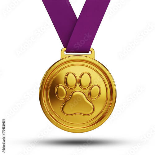 Gleaming Gold Paw Print Medal Award Celebrating Canine Triumph Best Friend Achievement Pet on transparent background
