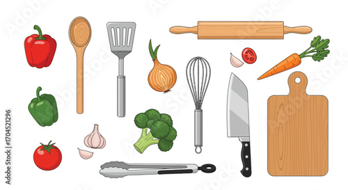 Vibrant Vegetables and Utensils on a Cutting Board in a Bright Culinary Environment