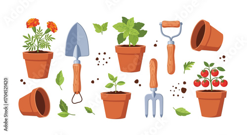Planting Herbs and Vegetables in Pots, Home Garden, Illustration, Natural Environment, Top View, Gardening Concept