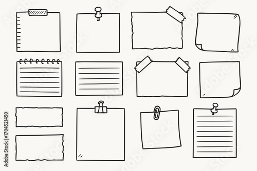 Doodle sketch vector illustration of blank notes and sticky notes in various styles