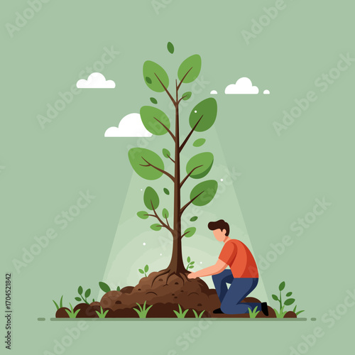 A dedicated individual plants a vibrant sapling, symbolizing new beginnings, environmental care, and the nurturing of a sustainable future for our planet