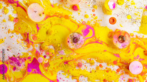 Colorful abstract liquid art background with pink yellow orange bubbles, vibrant psychedelic fluid paint texture, bright modern creative design