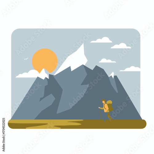 A solo hiker ascends a majestic mountain range under a bright sun and scattered clouds, embarking on an adventure