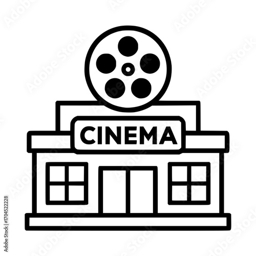 Iconic cinema building with film reel emblem evokes entertainment and movie magic